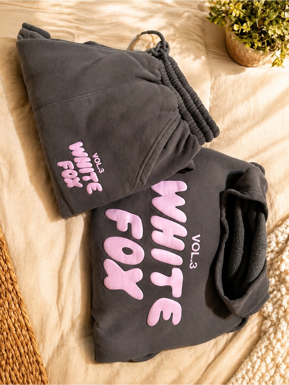 White Fox Boutique Charcoal Gray Sweatpants & Hoodie with Pink Logo